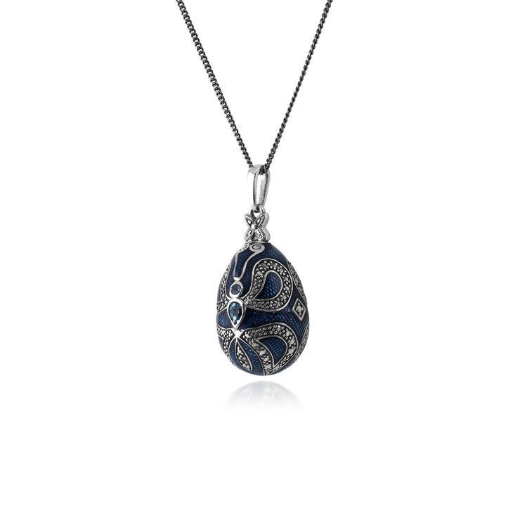 Ciondolo a forma di uovo Fabergé in stile Art Nouveau in argento 925 con topazio azzurro