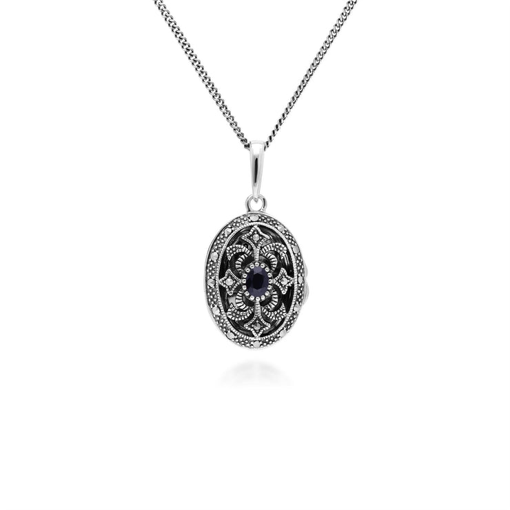 Collana portafoto in stile Art Nouveau in argento 925 con zaffiro ovale