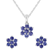 Ciondolo e orecchini con perno floreale a grappolo di tanzanite in argento 925