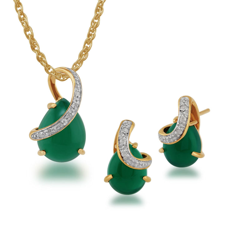 Classico pendente in argento 925 placcato oro con pera verde di Caledonia e diamanti e orecchini a bottone