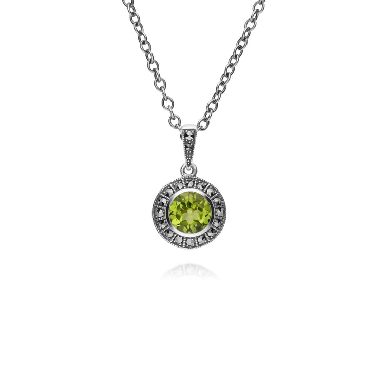 Ciondolo e anello in stile Art Déco Argento 925 con peridoto e grappolo rotondo di marcasite