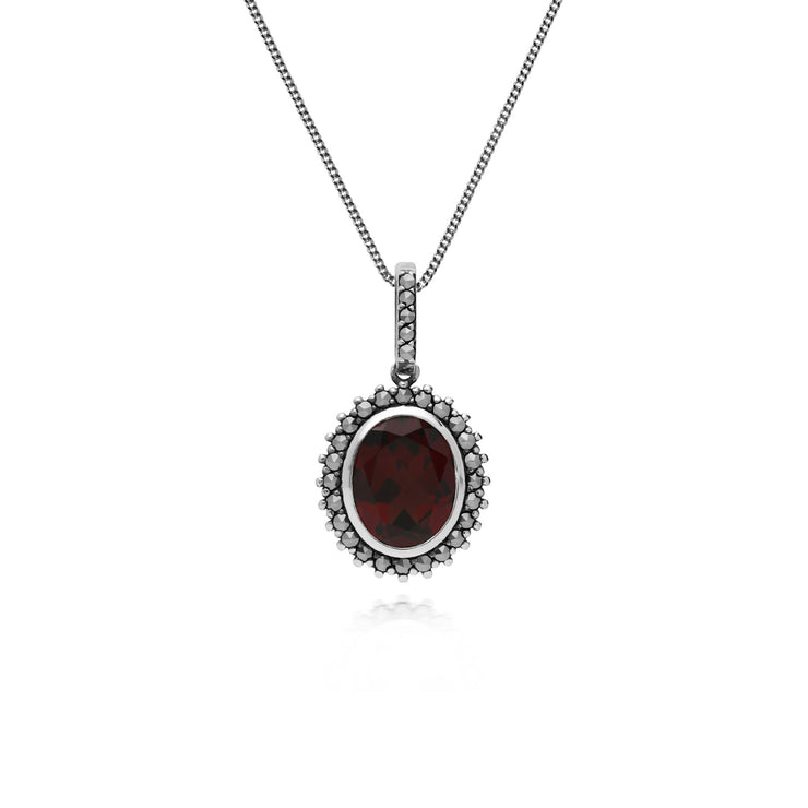 Pendente collana e orecchini ovali granato e marcasite in argento 925 in stile Art Déco