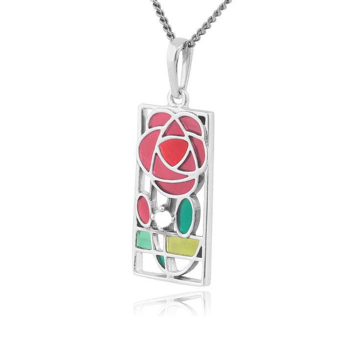 Collana e orecchini con ciondolo stile Rennie Mackintosh in argento 925 con smalto rettangolare rosa Glasgow