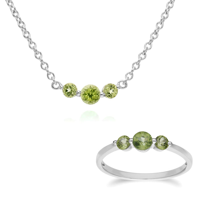 Collana e anello classici con tre pietre di peridoto in argento 925
