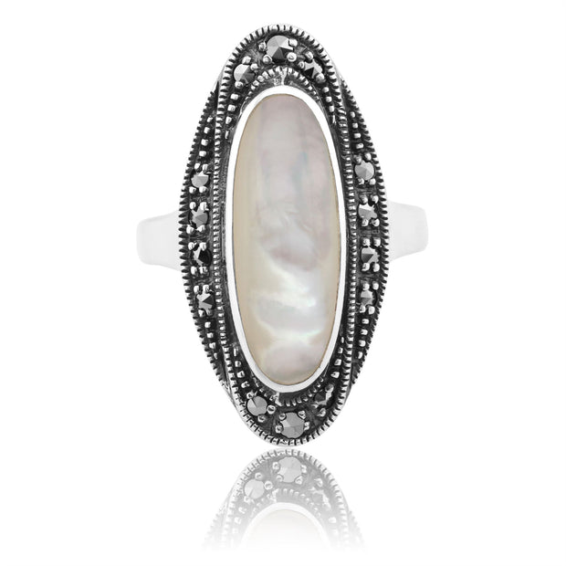 Anello art deco in madreperla gemondo, anello in stile cocktail in argento sterling da 1,30 ct CT MOP e MARCASSITE