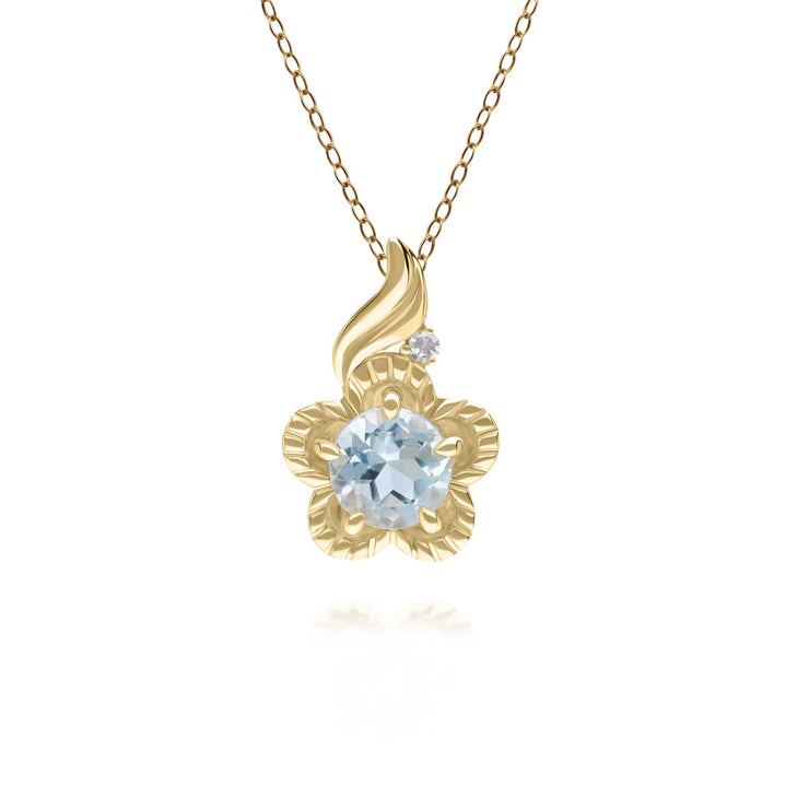 Ciondolo floreale in oro giallo 375 con topazio azzurro e diamante rotondo