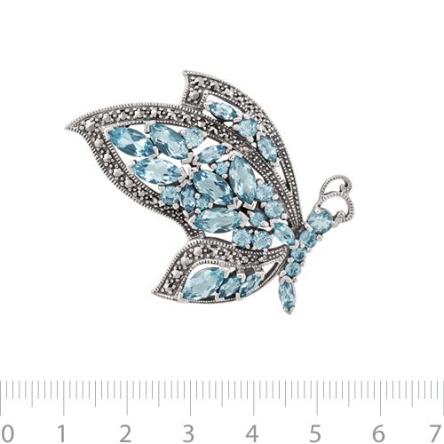 Spilla Farfalla Volante Stile Art Nouveau Argento 925 Topazio Azzurro e Marcasite