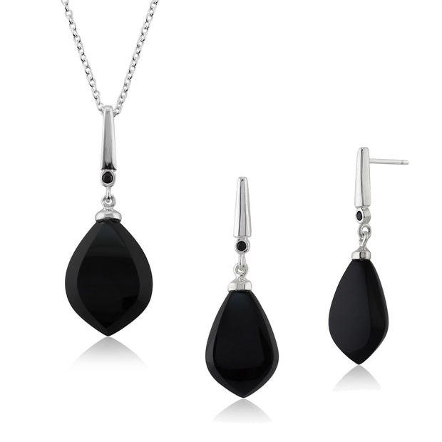 Collana e orecchini con pendente in stile Art Déco Argento 925 con onice e spinello nero