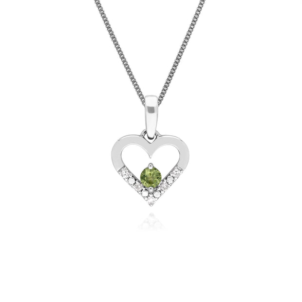 Ciondolo unico a forma di cuore con peridoto e diamanti in oro bianco da 9 ct su catena da 45 cm