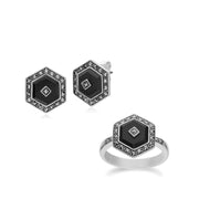 Anello e orecchini a bottone esagonale in stile Art Déco in argento 925 con onice nero e marcasite