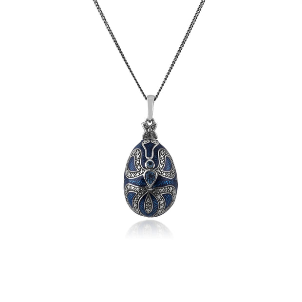 Ciondolo a forma di uovo Fabergé in stile Art Nouveau in argento 925 con topazio azzurro