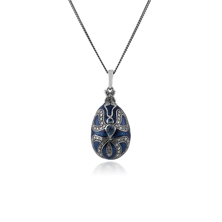 Ciondolo a forma di uovo Fabergé in stile Art Nouveau in argento 925 con topazio azzurro