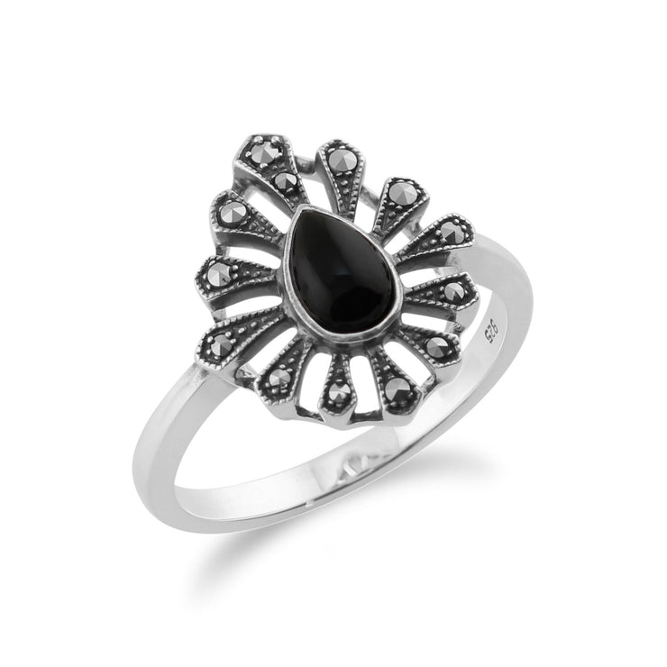 Anello Art Déco Gemondo in argento sterling 925 da 0,30 ct con onice nero e marcasite