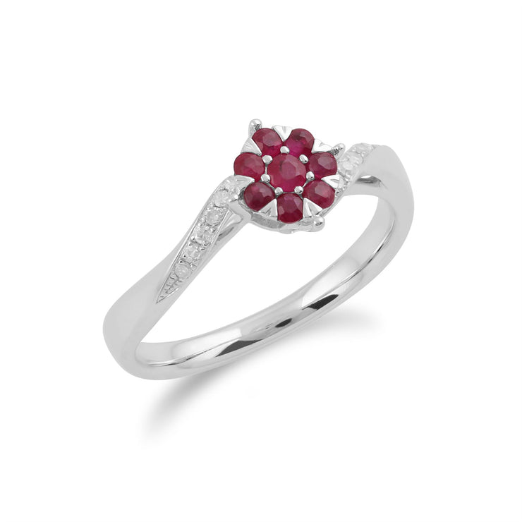 Anello Gemondo con rubino, anello a fiore con rubino e diamanti in oro bianco da 9 ct da 0,32 ct