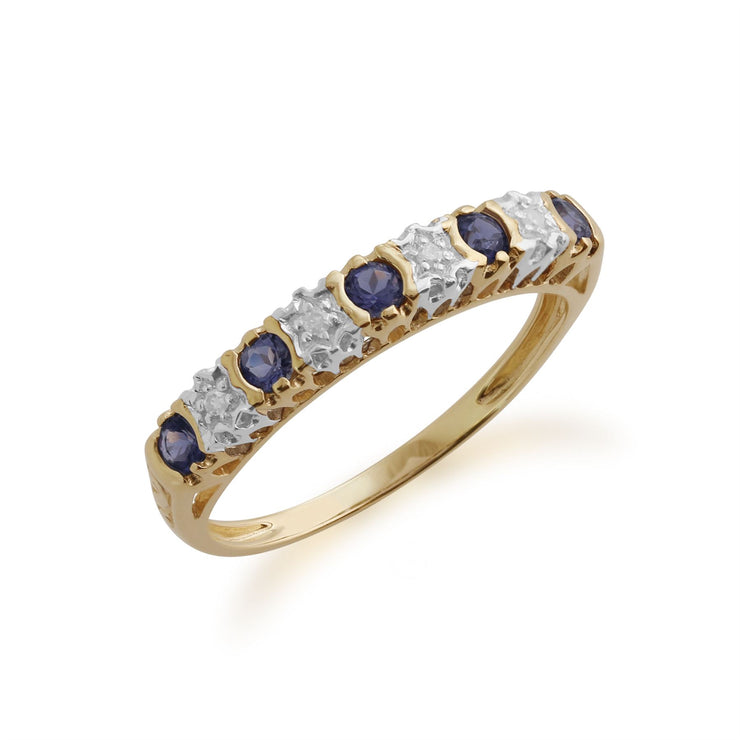 Anello Gemondo Iolite, anello Half Eternity in oro giallo da 9 ct con iolite da 0,18 ct e diamante da 2 pt