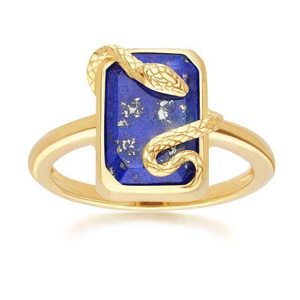 Grande anello decorativo con serpente a spirale in lapislazzuli in argento placcato oro fino