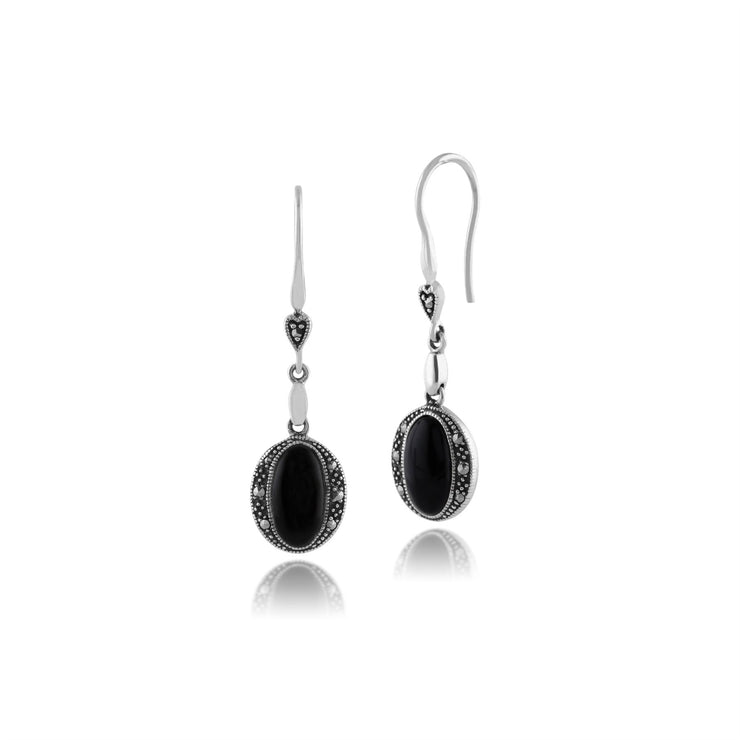 Orecchini pendenti ovali in onice nero e marcasite in argento 925 stile Art Déco