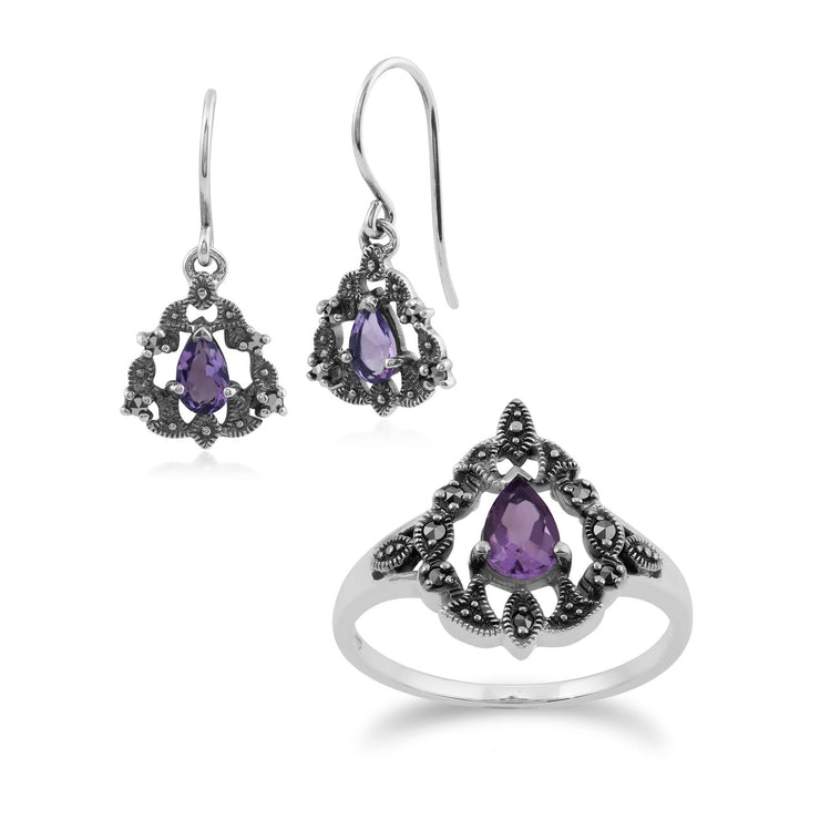 Anello ghirlanda in stile Art Nouveau e orecchini pendenti in argento 925 con ametista e marcasite