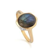 Anello con gemma B irregolare in argento 925 placcato oro labradorite e diamante