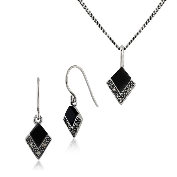 Collana e orecchini con ciondolo cervo volante in stile Art Déco, argento 925, onice nero e marcasite