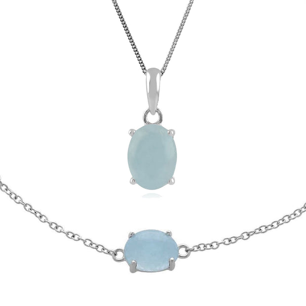 Classico pendente e bracciale ovale opaco con acquamarina in argento 925