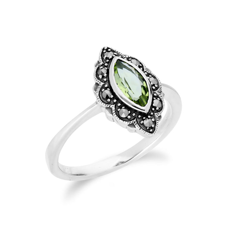 Anello Gemondo con peridoto, anello in argento con peridoto e marcasite Art Nouveau - Peridoto