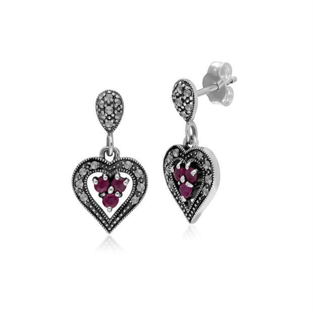 Orecchino a cuore in argento sterling con rubini e marcasite