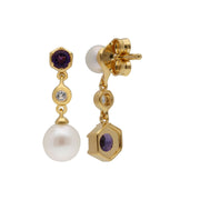 Orecchini pendenti asimmetrici con perle moderne Argento 925 placcato oro Perla, ametista e topazio