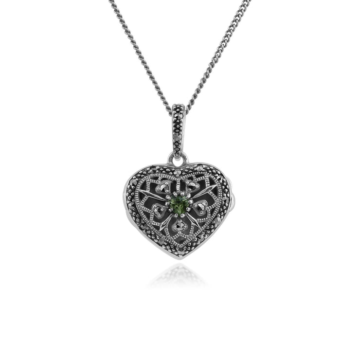 Collana cuore portafoto in stile Art Nouveau Argento 925 con peridoto e marcasite