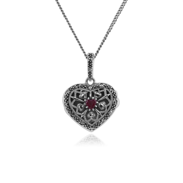 Collana a forma di cuore portafoto in stile Art Nouveau in argento 925 con rubini rotondi e marcasite