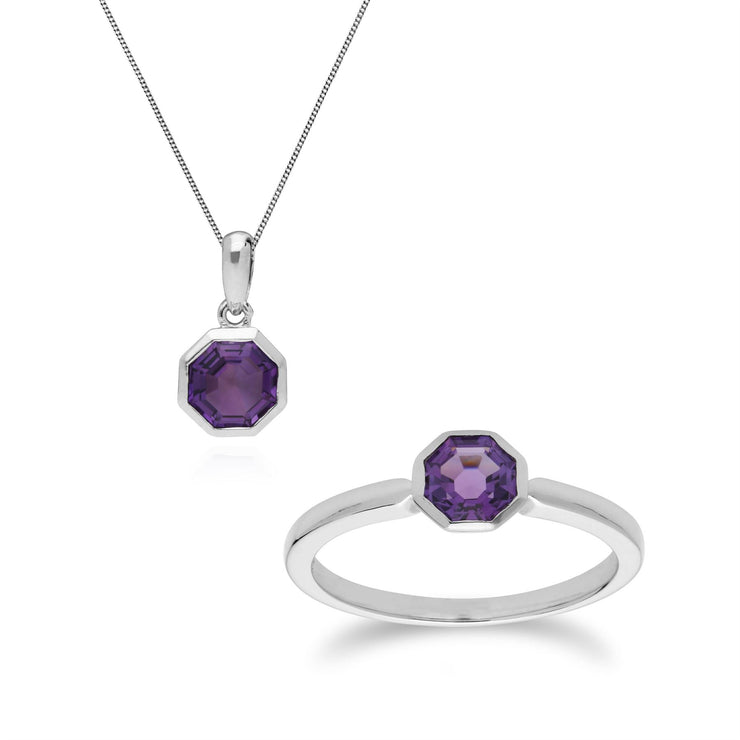 Anello e pendente in argento 925 con ametista ottagonale geometrica