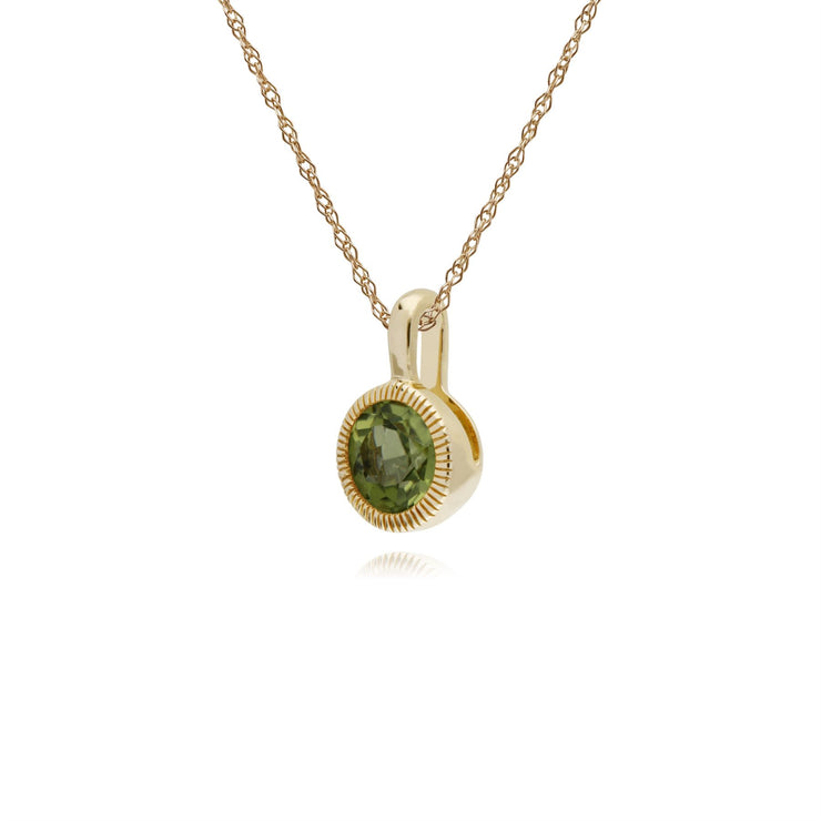 Collana con peridoto, pendente singolo rotondo Milgrain con pietra peridoto in oro giallo da 9 ct su catena da 45 cm