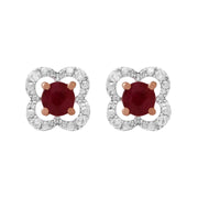 Orecchini classici con rubino in oro rosa 375 e rivestimento per l'orecchio con fiori di diamanti