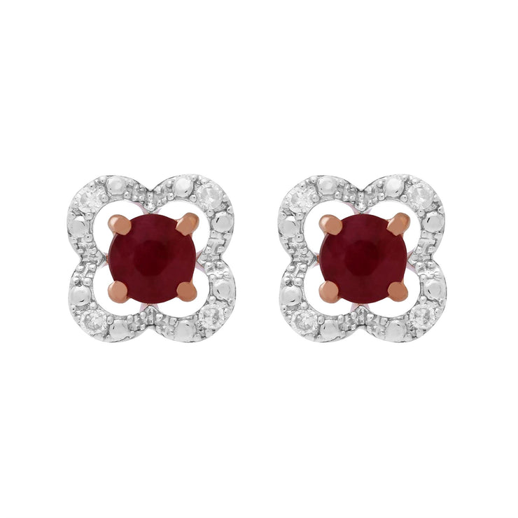 Orecchini classici con rubino in oro rosa 375 e rivestimento per l'orecchio con fiori di diamanti
