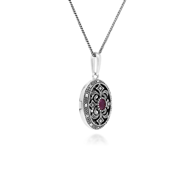 Collana portafoto in stile Art Nouveau in argento 925 con rubino ovale