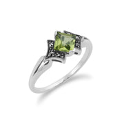 Anello in argento 925 in stile Art Déco con peridoto quadrato e marcasite