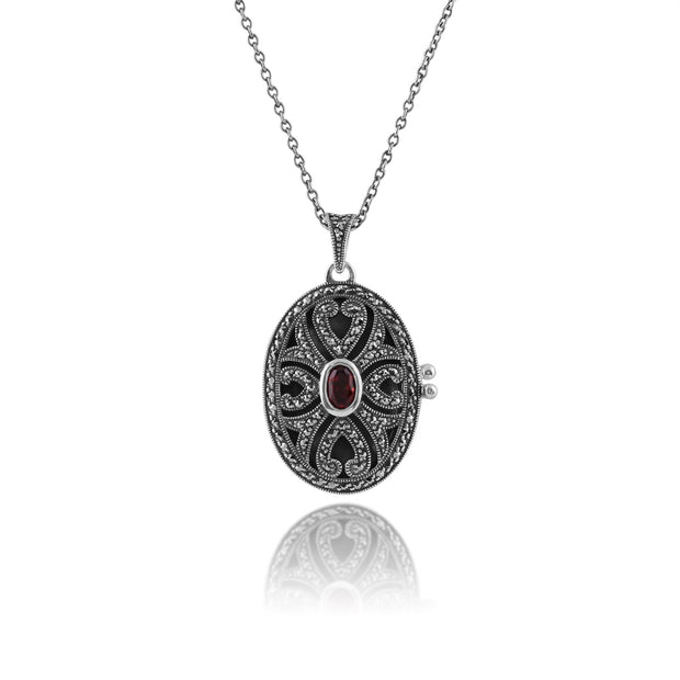 Collana Porta Foto Stile Art Nouveau Argento 925 Granato Ovale e Marcasite