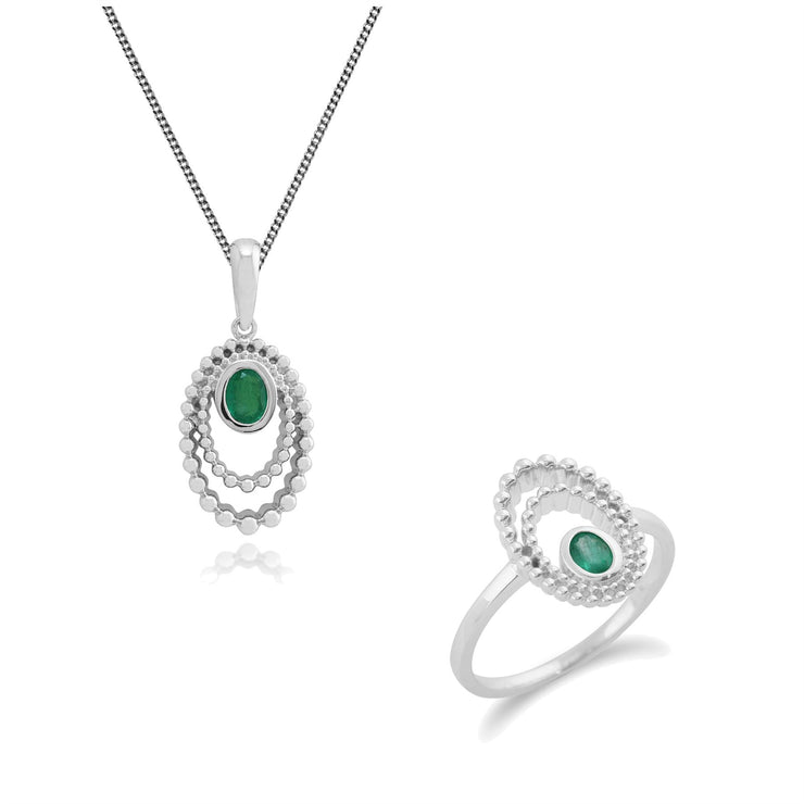 Classico pendente ovale con aureola in smeraldo rotondo in argento 925 e anello con castone
