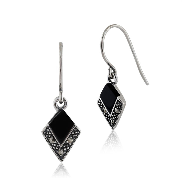 Orecchini pendenti in stile Art Déco in argento 925 con onice nero e marcasite