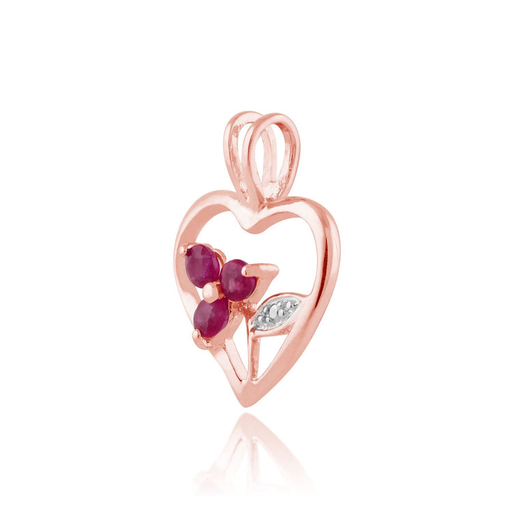 Ciondolo floreale a forma di cuore di rubino in argento 925 placcato oro rosa