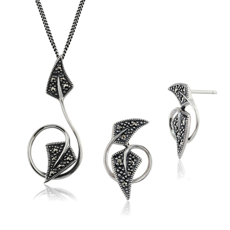 Ciondolo rotondo a foglia intrecciata in argento 925 marcasite e orecchini a bottone
