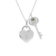 Classico ciondolo con lucchetto a cuore in argento 925 e grandi ciondoli con chiave in peridoto