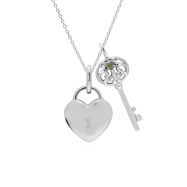 Classico ciondolo con lucchetto a cuore in argento 925 e grandi ciondoli con chiave in peridoto