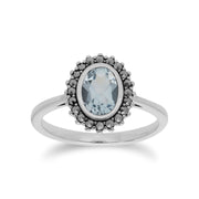 Anello in argento 925 stile Art Déco ovale con topazio blu e marcasite Halo e orecchini a bottone
