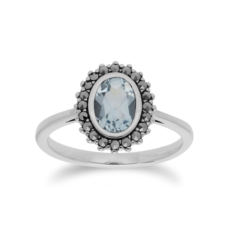 Anello in argento 925 stile Art Déco ovale con topazio blu e marcasite Halo e orecchini a bottone