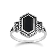 Gemondo - Anello in stile Art Déco, argento puro 925 da 1,00 ct, onice nero e marcasite da 4,8 pt