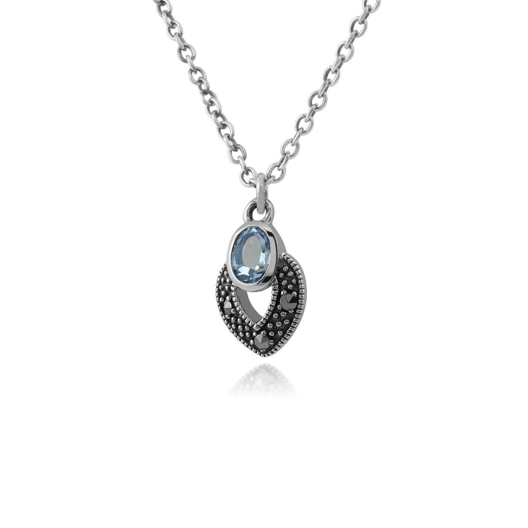 Collana in stile Art Deco Argento 925 ovale con acquamarina e marcasite