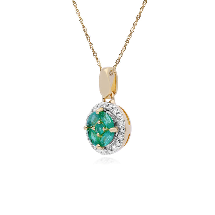 Classico pendente a forma di marchesa di smeraldi in oro giallo 375 e aureola di diamanti