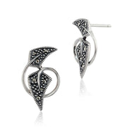 Ciondolo rotondo a foglia intrecciata in argento 925 marcasite e orecchini a bottone