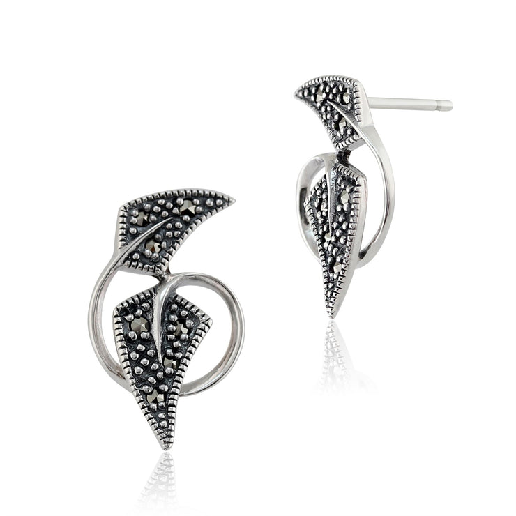Ciondolo rotondo a foglia intrecciata in argento 925 marcasite e orecchini a bottone